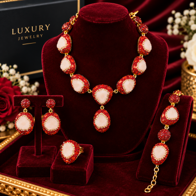 Premium Bridal/Party White Druzy & Red Crystal Jewelry Set